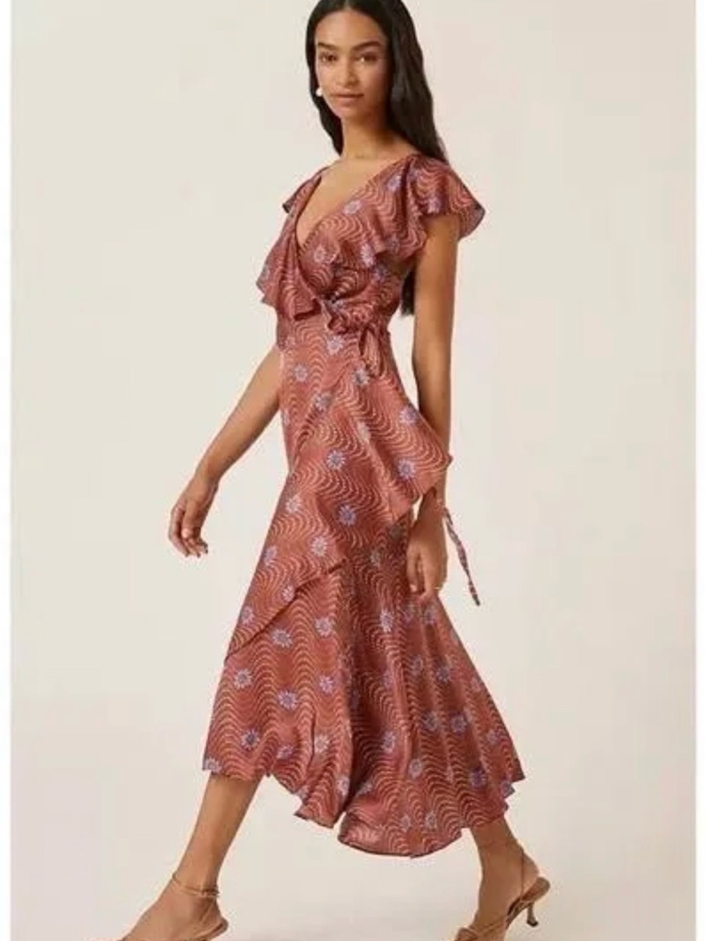 Anthropologie Rust Floral Wave Wrap Midi Dress